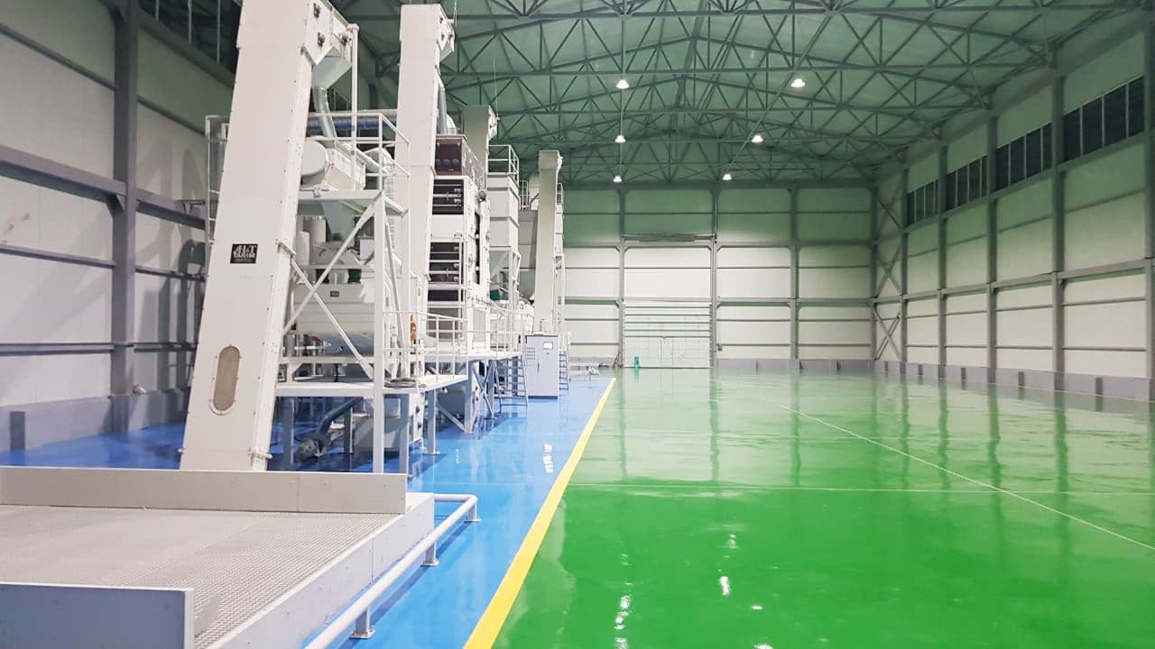 Elevators and machine line in a seed processing plant